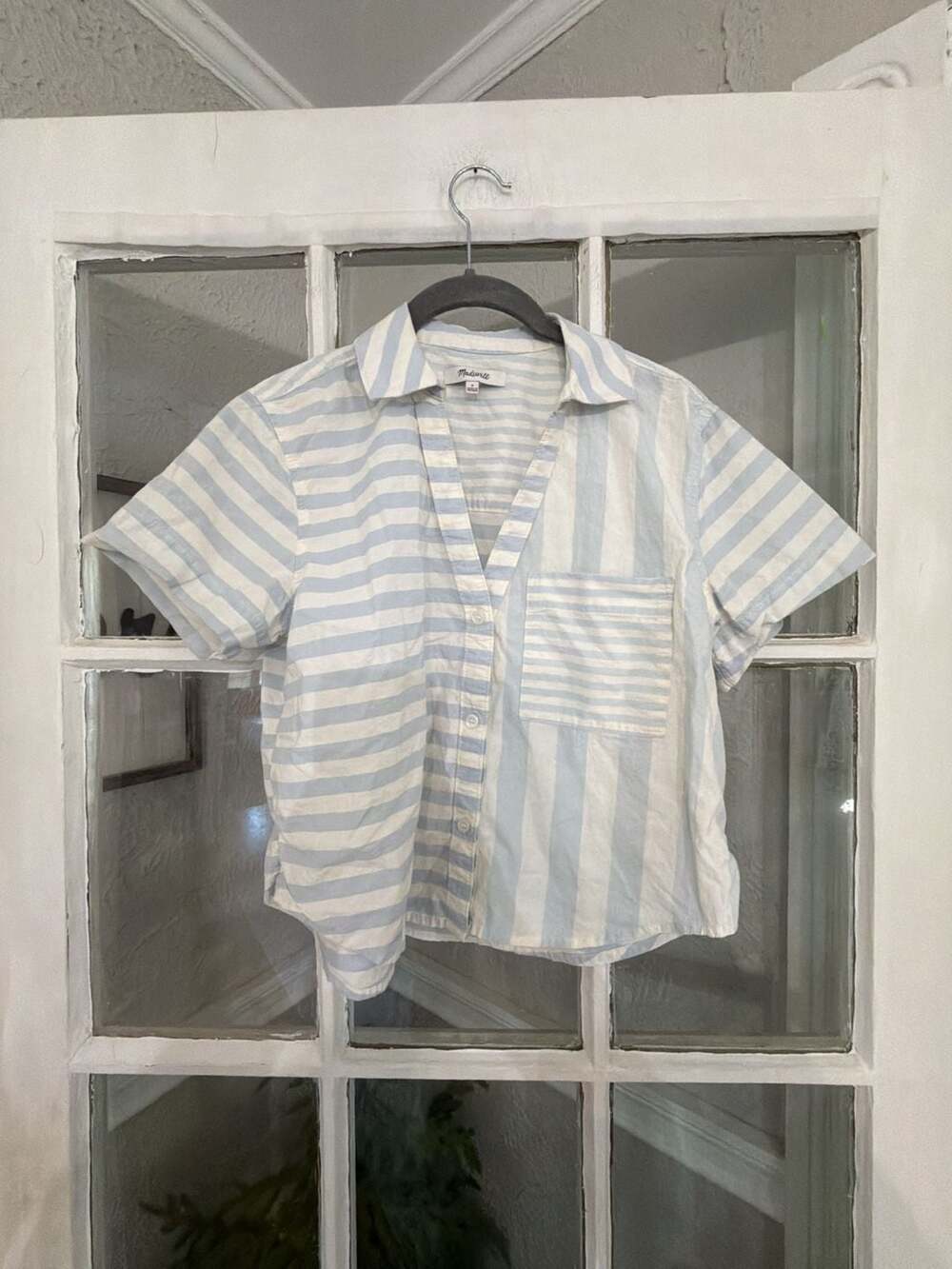 Madewell Y-Neck Button Up Shirt Mixed Stripe Size S Blue White